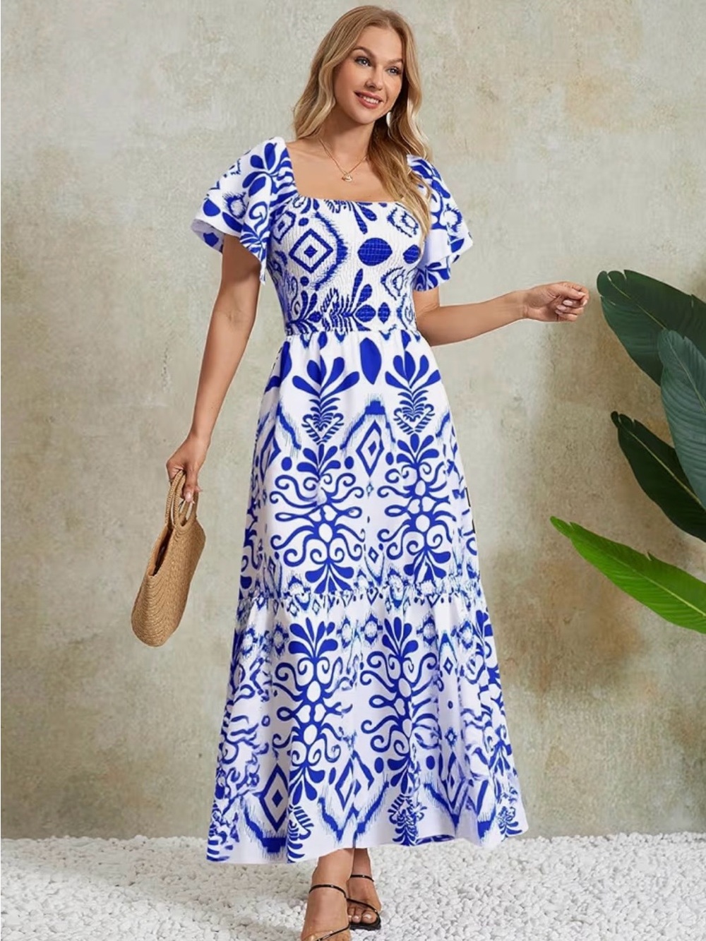 Smocked Square Neck Blue & White Maxi Dress
